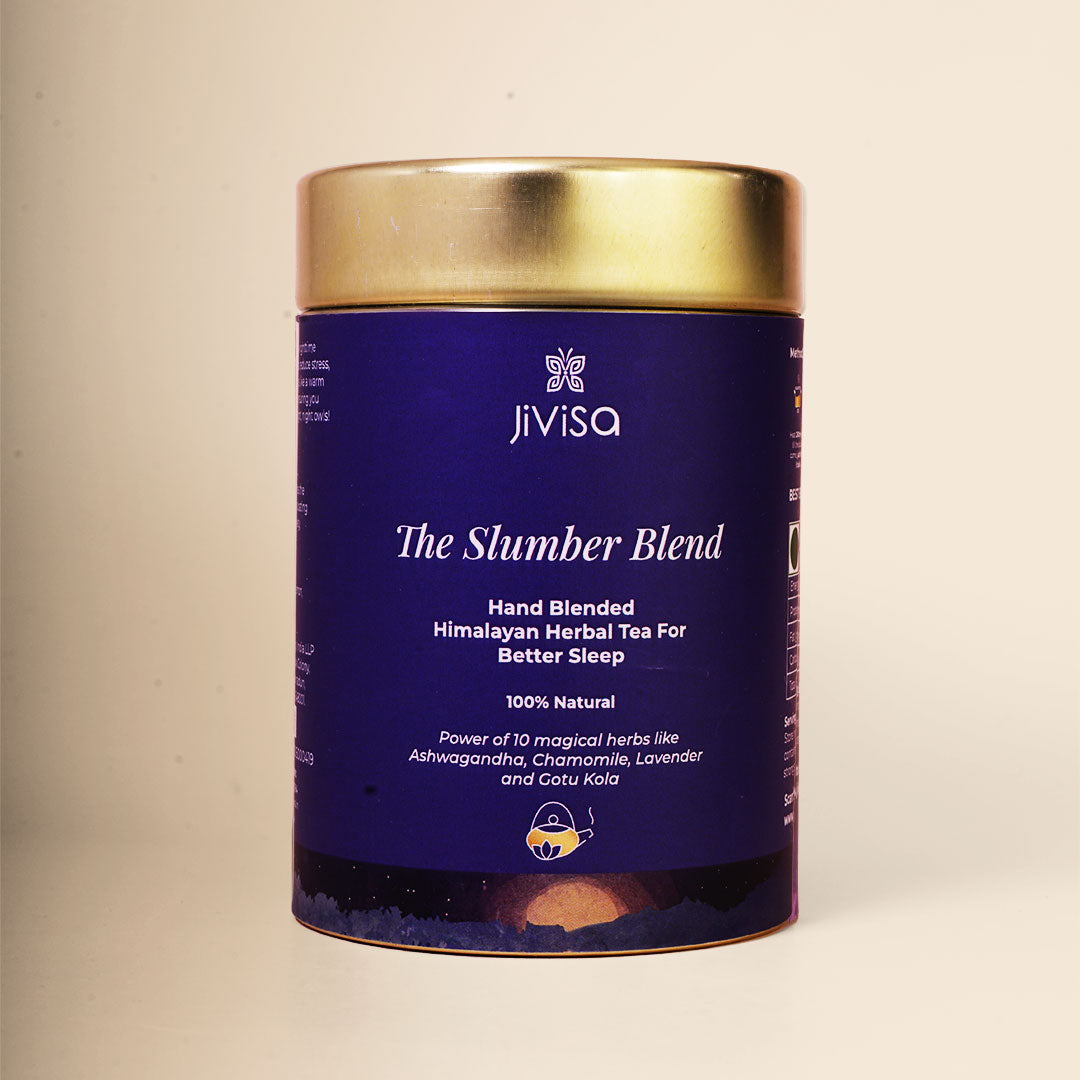 JiViSa The Slumber Blend tin — Hand Blended Himalayan Herbal Tea for better sleep. 100% natural infusion crafted with Ashwagandha, Chamomile, Lavender, and Gotu Kola. Promotes deep relaxation, eases stress, and supports a restful night’s sleep naturally.