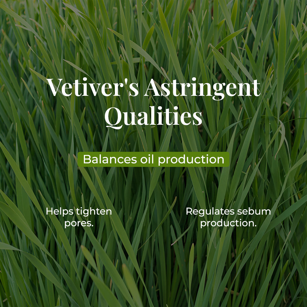 Close-up of fresh green vetiver grass with overlaid text describing its astringent skincare benefits. The text reads: &