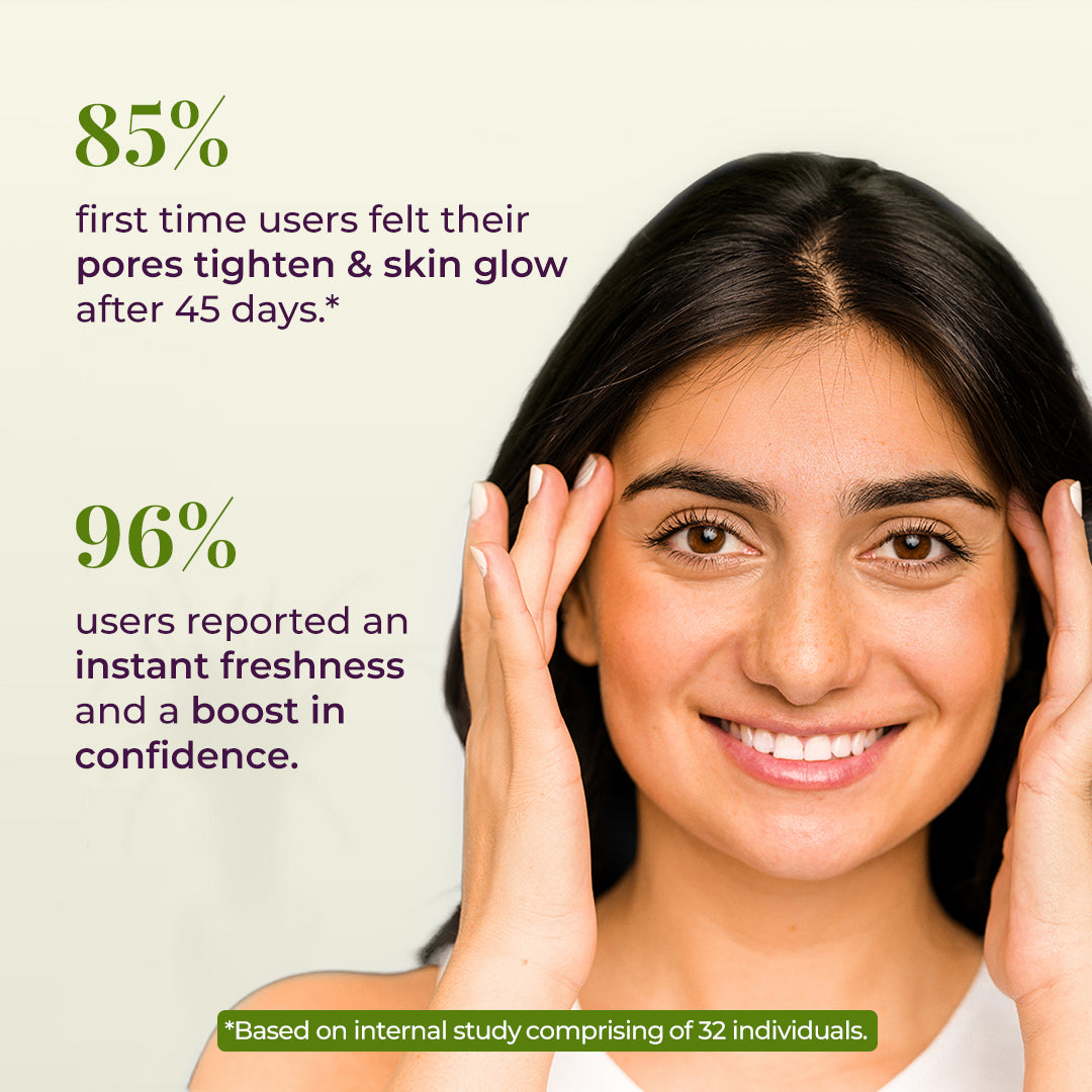Smiling woman with clear skin gently touches her face, demonstrating skin confidence. Overlaid text highlights user testimonials: &