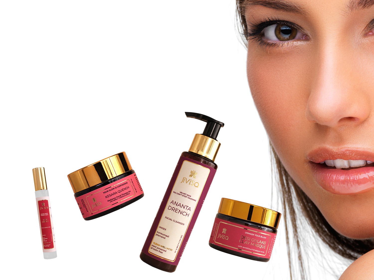 Close-up of a woman’s face beside skincare products for dehydrated skin, including a facial cleanser, face mask, cream jar, and face toner on a white background.