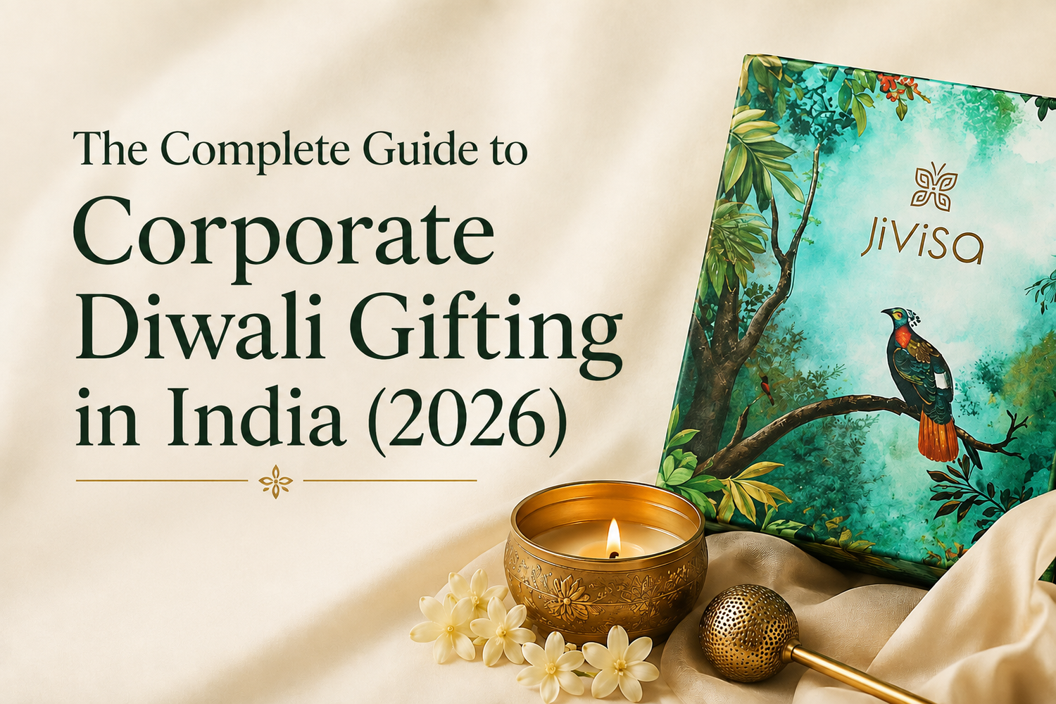 JiViSa Luxury Gift Box styled on a satin cloth with a brass candle, mogra flowers and a brass tea sieve. Text says  Complete Corporate Diwali Gifting Guide India 2026 