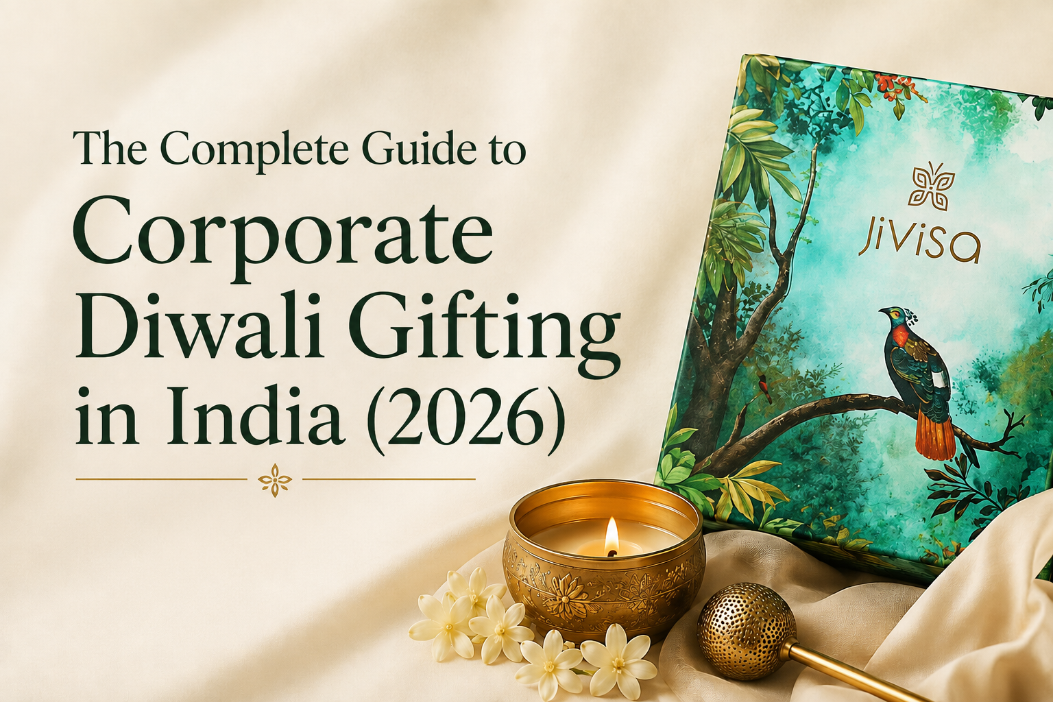 JiViSa Luxury Gift Box styled on a satin cloth with a brass candle, mogra flowers and a brass tea sieve. Text says  Complete Corporate Diwali Gifting Guide India 2026 