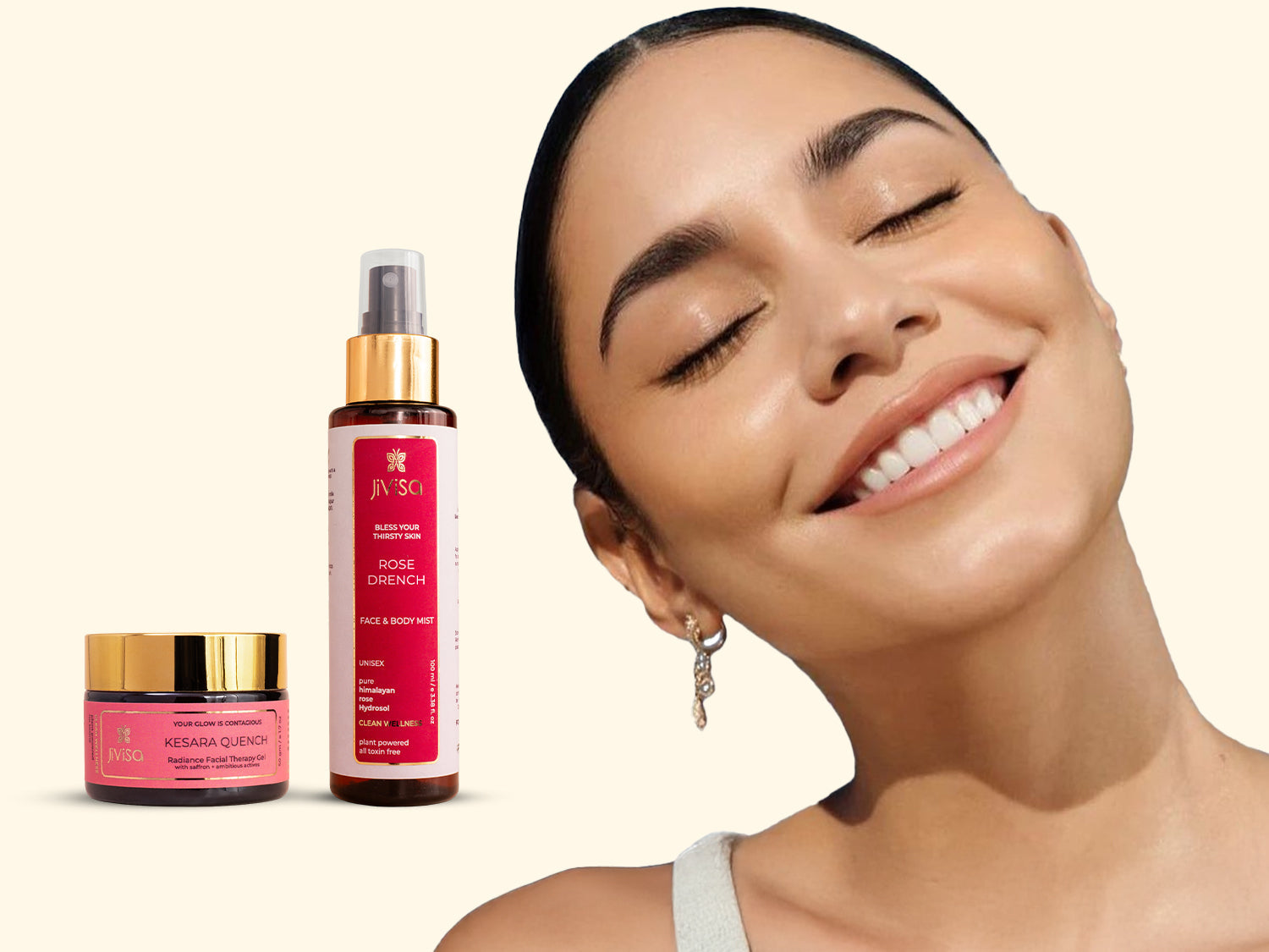 Woman with glowing, hydrated skin alongside JiViSa Rose Drench Face & Body Mist and Kesara Quench Radiance Facial Gel, illustrating skincare for dry vs dehydrated skin in your 30s.