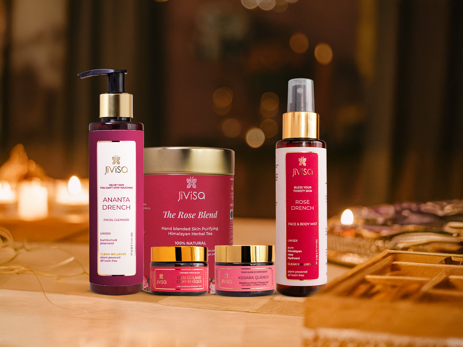 Five JiViSa products for a bride-to-be: cleanser, mist, radiance gel, clay mask and herbal tea in pink-gold packaging.