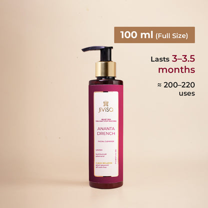 JiViSa Ananta Drench facial cleanser 100 ml bottle showing estimated usage count and duration of use.