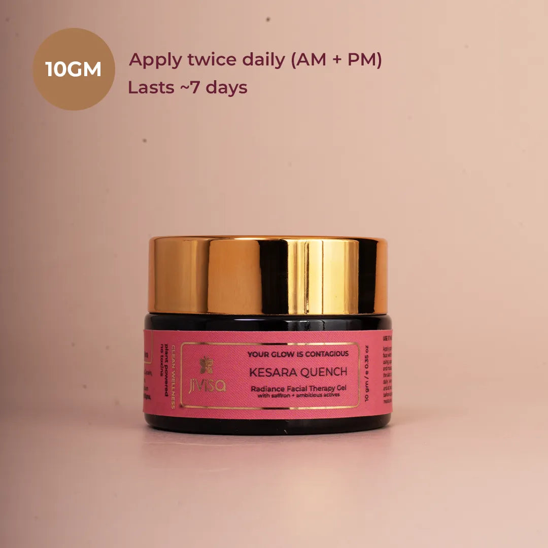 JiViSa Kesara Quench Radiance gel, 10g jar — apply twice daily AM and PM, lasts about 7 days.