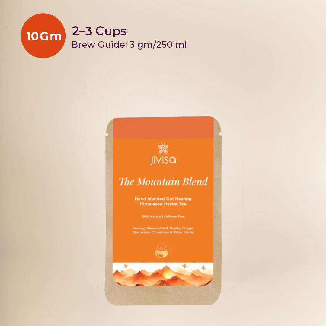 JiViSa Mountain Blend Himalayan herbal tea 10 Gm Pouch, brew guide 3 gm per 250 ml and 2-3 cups yield.