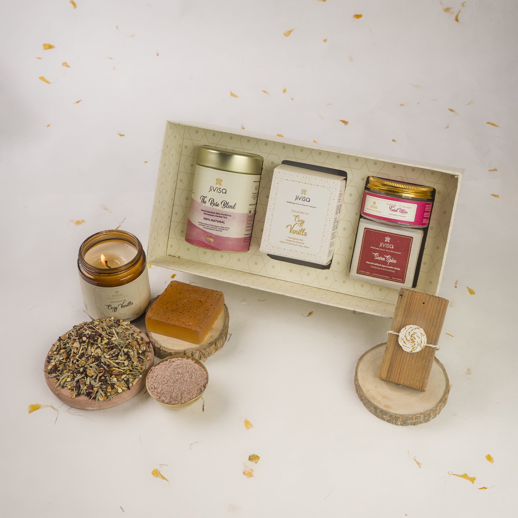 JiViSa Luxury Tea, Candle, Soap & Ubtan Gift Box (With Handmade Rakhi)