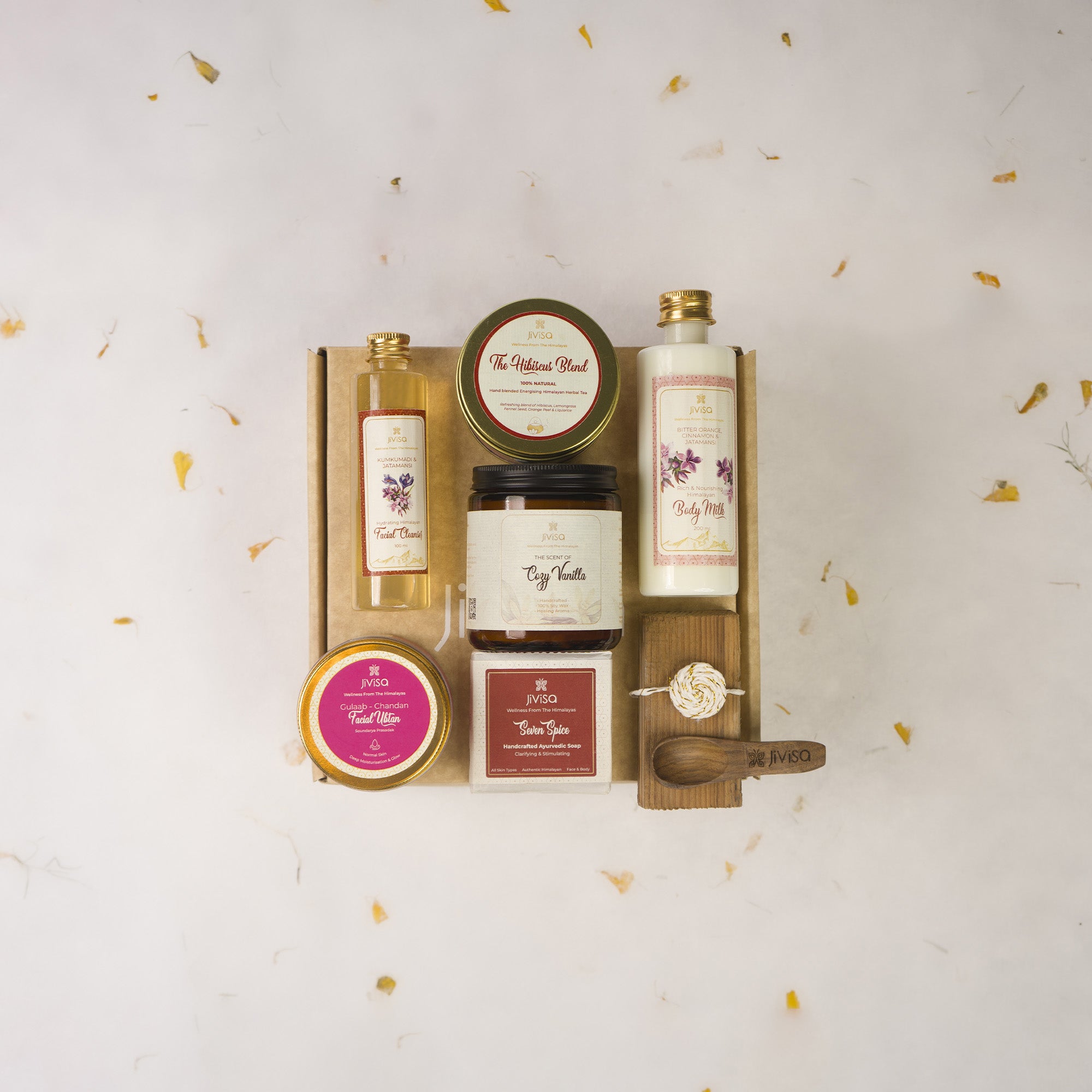 JiViSa Luxury Tea, Ubtan, Glass Candle, Facial Cleanser, Bodymilk, Soap & Spoon Gift Box (With Handmade Rakhi)