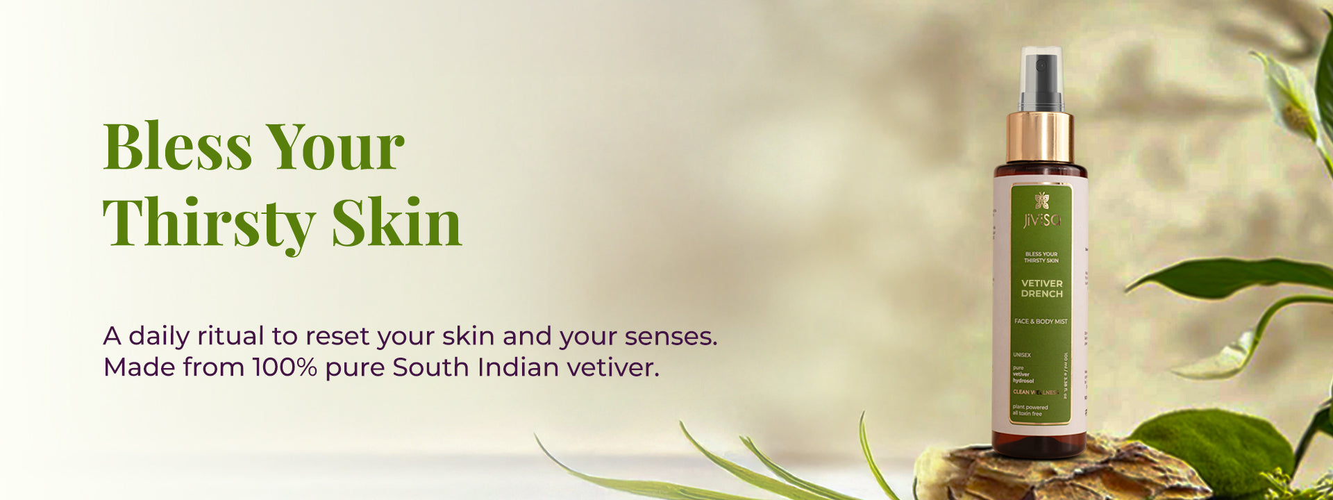 JiViSa Vetiver Drench face and body mist bottle with text about daily ritual and 100% pure South Indian vetiver.