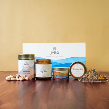 JiViSa Luxury Tea, Gourmet & Glass Candle Gift Box (With Handmade Rakhi)