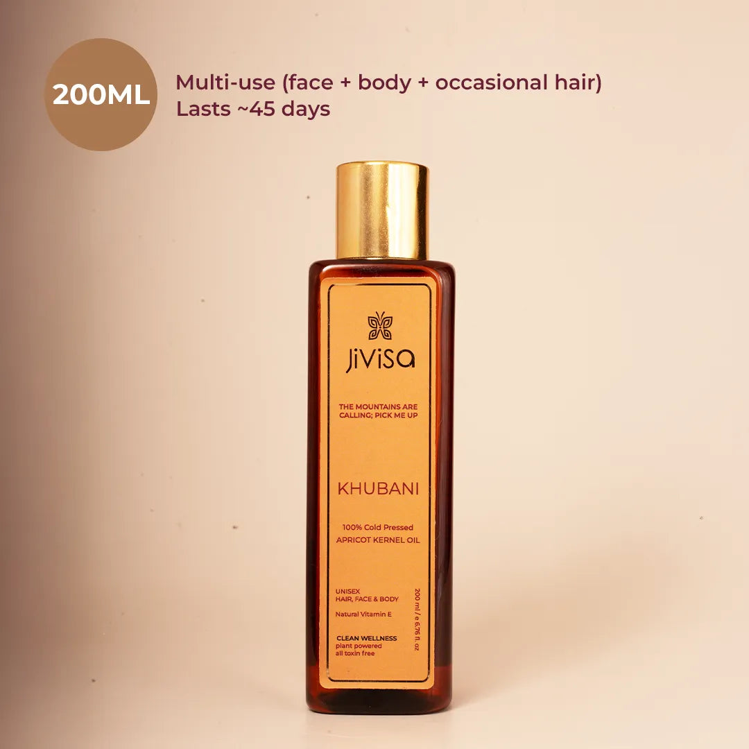 JiViSa Khubani apricot kernel oil, 200ml bottle - multi-use for face, body, and occasional hair, lasts about 45 days