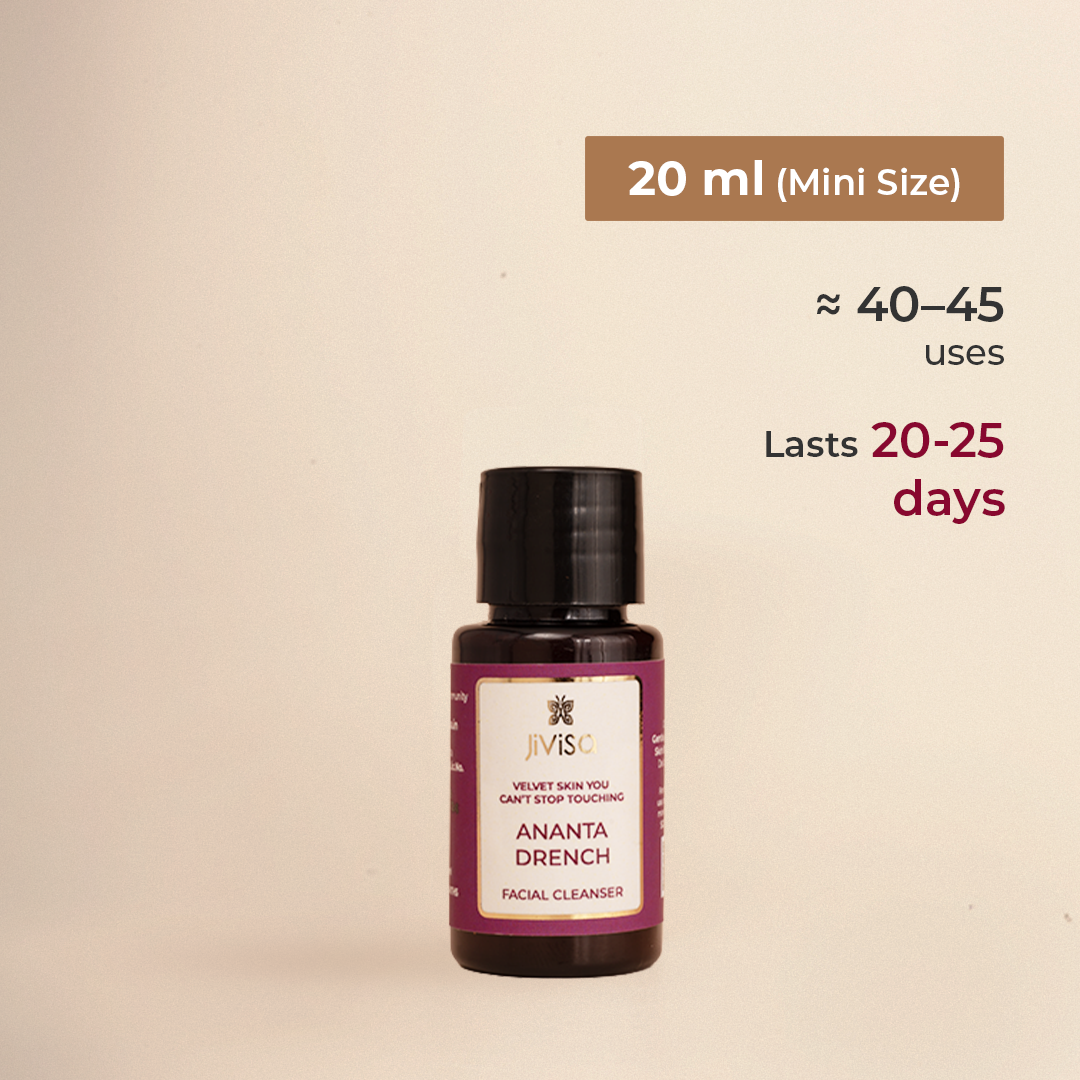 JiViSa Ananta Drench facial cleanser 20 ml bottle showing estimated usage count and duration of use.