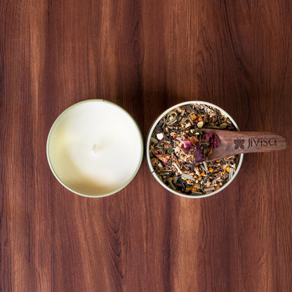 JiViSa Tranquil Himalayan Collection Gift Box. JiViSa Soy wax candle and a JiViSa Herbal Tea Blend accompanied by a JiViSa&