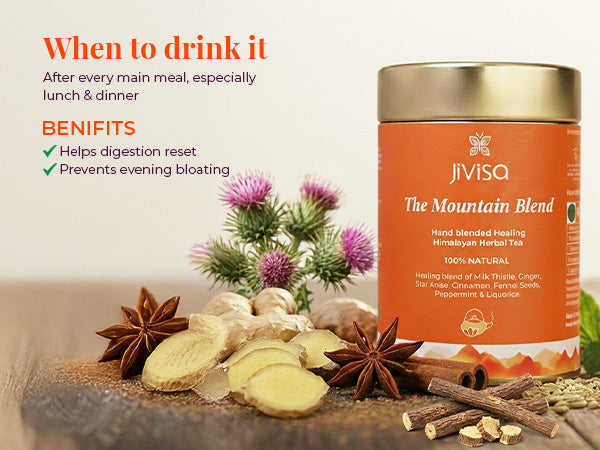 JiViSa Mountain Blend Himalayan herbal tea jar with ginger, cinnamon, star anise, and milk thistle ingredients on a wooden surface explaining when to drink the tea after meals to support digestion and reduce bloating.