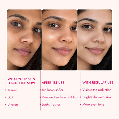 Skin progression with JiViSa Gulaab Chandan Ubtan: tanned, dull skin becomes visibly brighter and more even-toned with regular weekly use