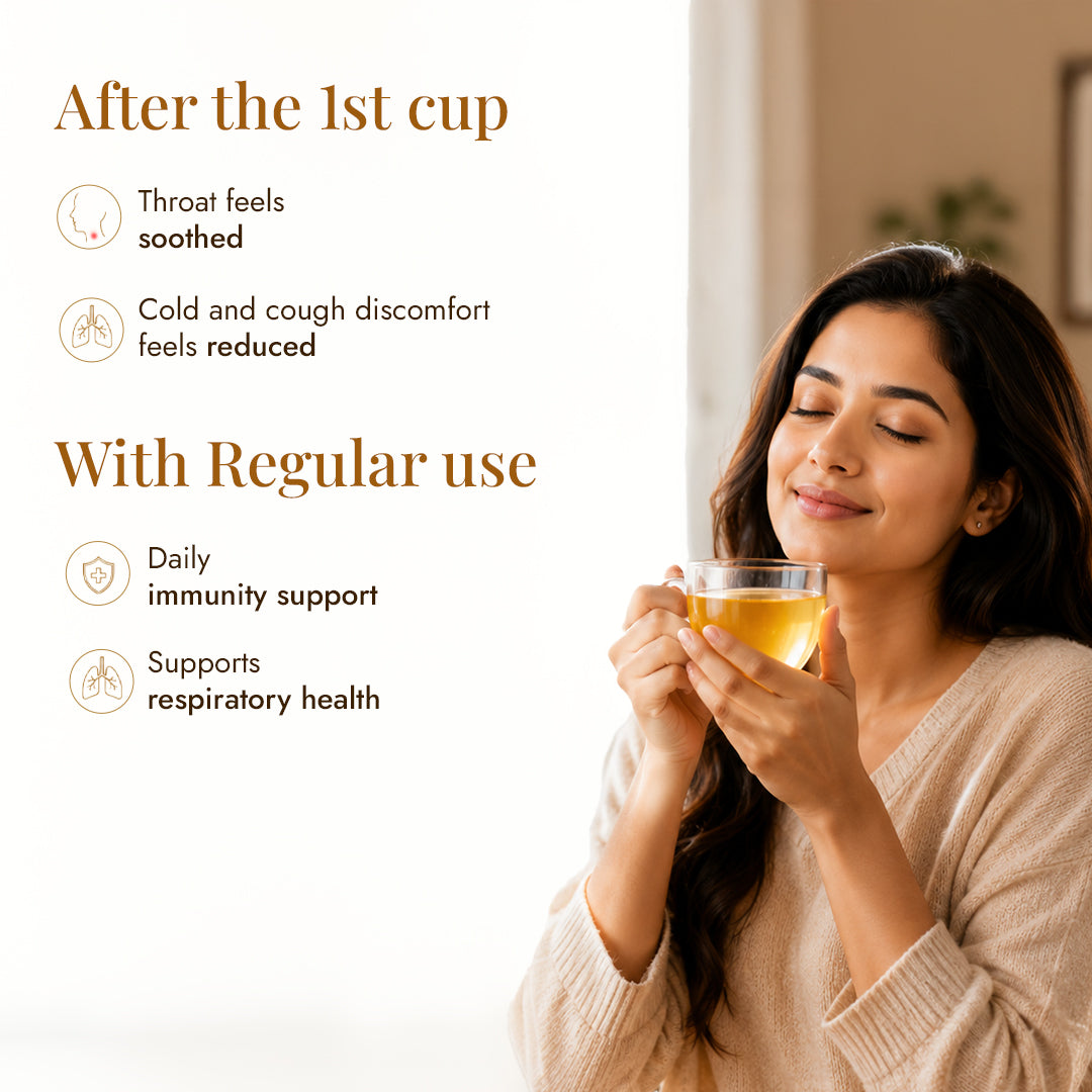 Woman enjoying JiViSa Nectar of Life kadha - soothed throat after the first cup, with daily immunity and respiratory support from regular use