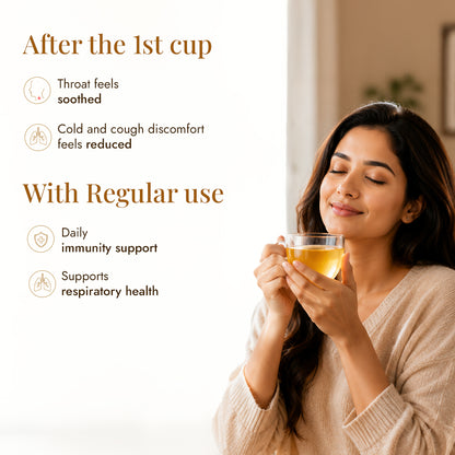 Woman enjoying JiViSa Nectar of Life kadha - soothed throat after the first cup, with daily immunity and respiratory support from regular use