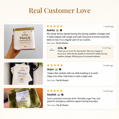 Verified 5-star customer reviews for JiViSa Nectar of Life kadha praising cough and cold relief, portability, and sugar-free taste