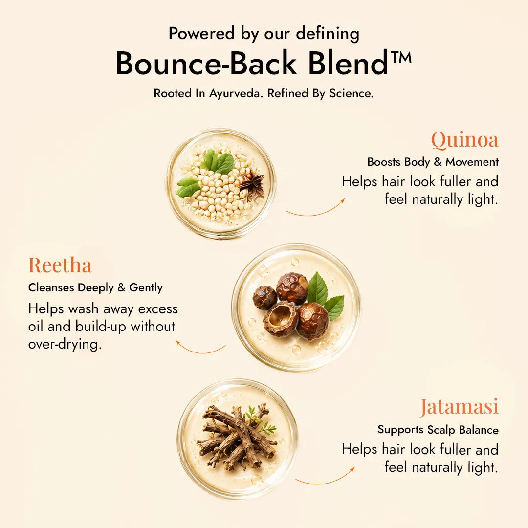 JiViSa Tarang Bounce Bounce-Back Blend: quinoa, reetha, and jatamansi for scalp balance, gentle cleansing, and fuller-looking hair