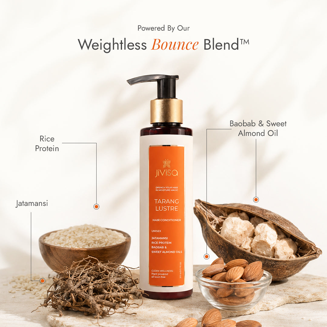 JiViSa Tarang Lustre Weightless Bounce Blend: rice protein, jatamansi, baobab, and sweet almond oil for soft, bouncy hair