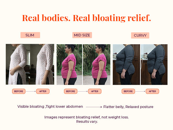 Before and after bloating relief comparison across slim, mid-size, and curvy body types demonstrating flatter stomach and relaxed posture after supporting digestion with herbal tea.
