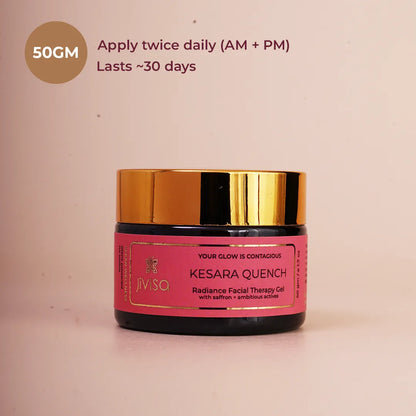 JiViSa Kesara Quench Radiance gel, 50g jar — apply twice daily AM and PM, lasts about 30 days.