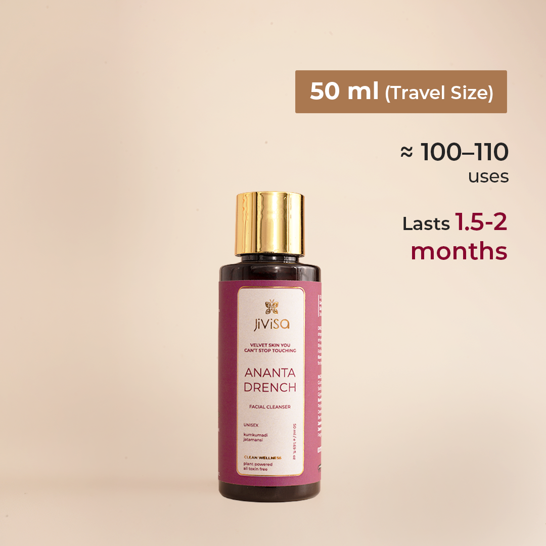 JiViSa Ananta Drench facial cleanser 50 ml bottle showing estimated usage count and duration of use.