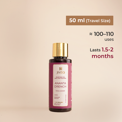 JiViSa Ananta Drench facial cleanser 50 ml bottle showing estimated usage count and duration of use.