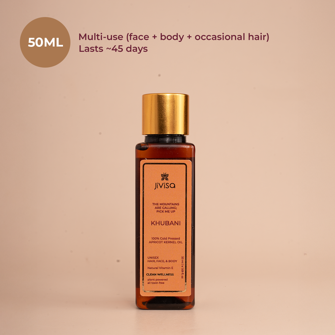 JiViSa Khubani apricot kernel oil, 50ml bottle - multi-use for face, body, and occasional hair, lasts about 15 days