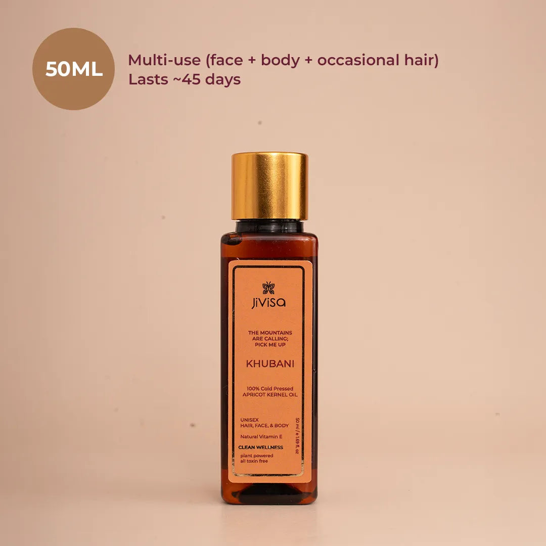 JiViSa Khubani apricot kernel oil, 50ml bottle - multi-use for face, body, and occasional hair, lasts about 15 days