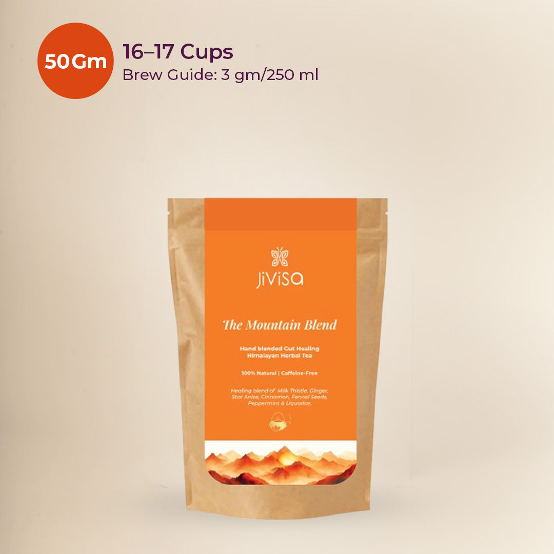 JiViSa Mountain Blend Himalayan herbal tea 50 Gm Pouch, brew guide 3 gm per 250 ml and 16-17 cups yield.