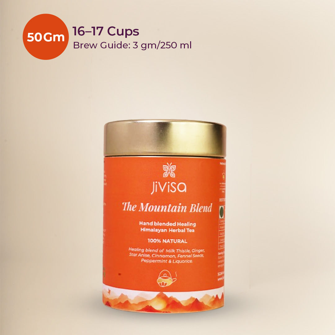 JiViSa Mountain Blend Himalayan herbal tea 50 Gm tin, brew guide 3 gm per 250 ml and 16-17 cups yield.