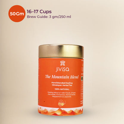 JiViSa Mountain Blend Himalayan herbal tea 50 Gm tin, brew guide 3 gm per 250 ml and 16-17 cups yield.