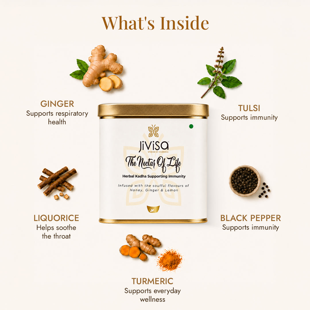 JiViSa Nectar of Life kadha ingredients: ginger, tulsi, liquorice, black pepper, and turmeric for immunity and respiratory health support