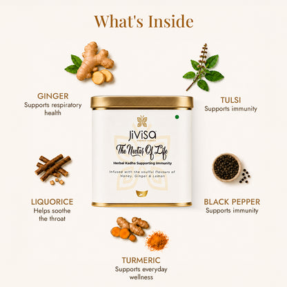 JiViSa Nectar of Life kadha ingredients: ginger, tulsi, liquorice, black pepper, and turmeric for immunity and respiratory health support