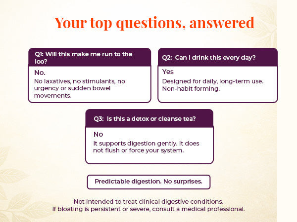 Frequently asked questions about JiViSa Mountain Blend digestive herbal tea explaining daily use, non-laxative formula, and gentle digestion support without detox or sudden bowel urgency.