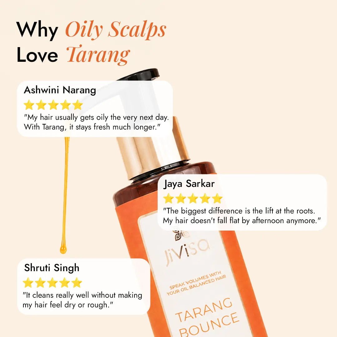 Customer reviews for JiViSa Tarang Bounce praising fresher roots, more lift, and clean hair without dryness for oily scalps
