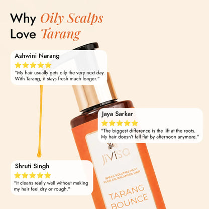 Customer reviews for JiViSa Tarang Bounce praising fresher roots, more lift, and clean hair without dryness for oily scalps