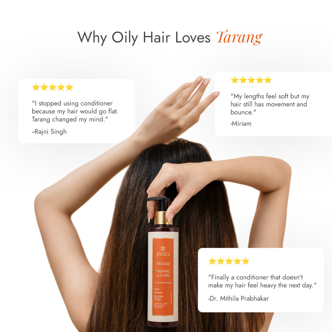 Customer reviews for JiViSa Tarang Lustre conditioner praising soft lengths with bounce and no flatness for oily hair