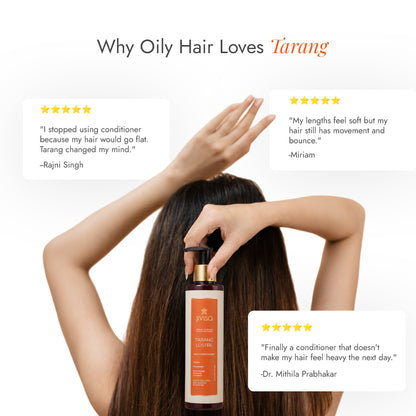 Customer reviews for JiViSa Tarang Lustre conditioner praising soft lengths with bounce and no flatness for oily hair