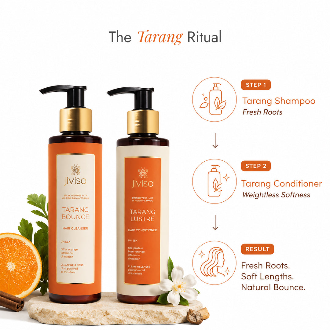 The JiViSa Tarang ritual: Tarang Bounce shampoo for fresh roots, followed by Tarang Lustre conditioner for weightless soft lengths and natural bounce