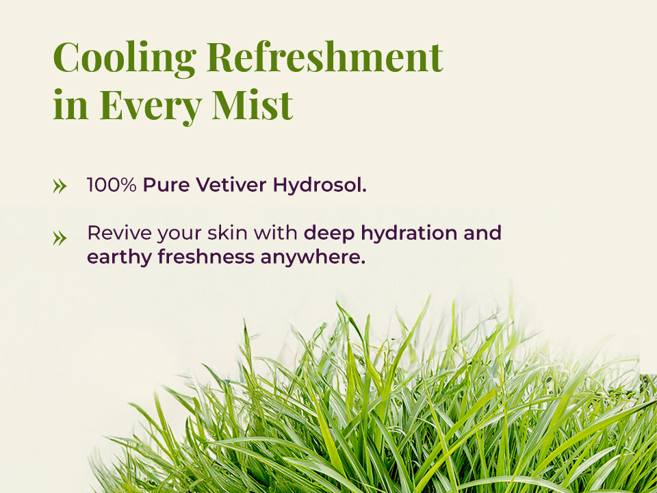 Vetiver grass with text about cooling refreshment and deep hydration.