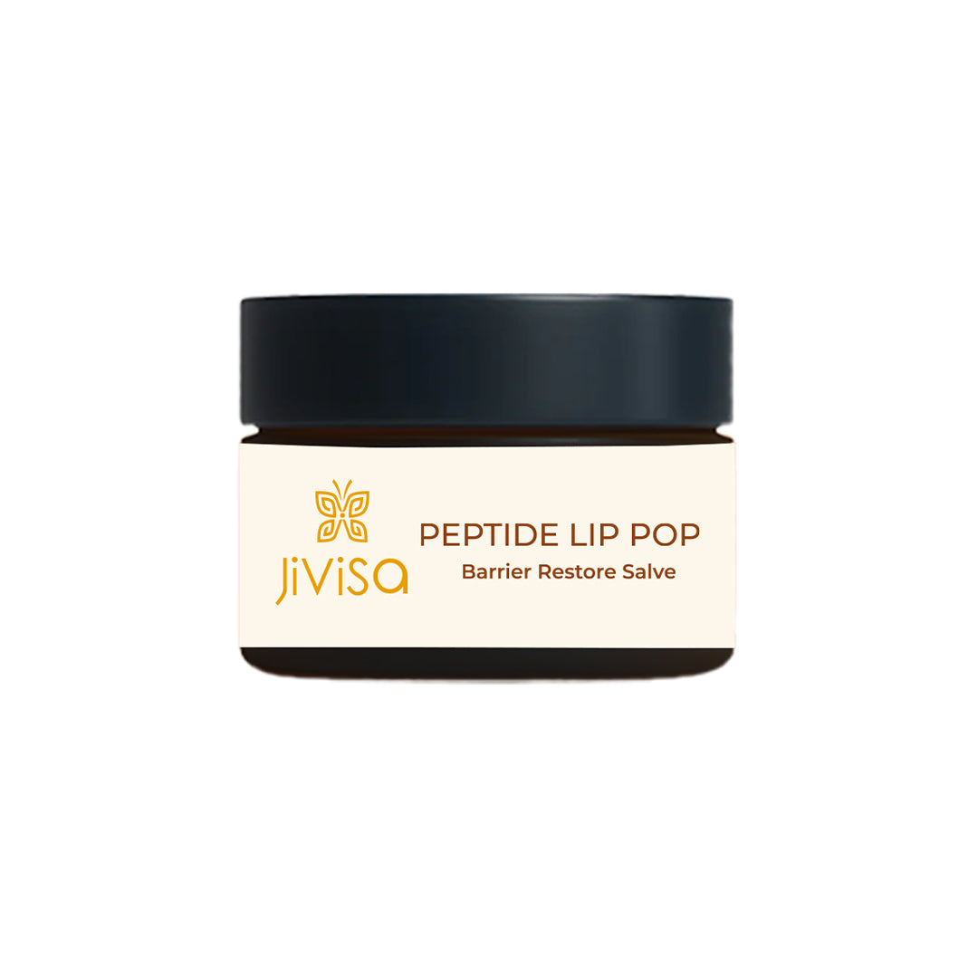 The image featuring a bottle of JiViSa 
Peptide Lip Pop - Barrier Restore Salve jar with a black lid and white label.