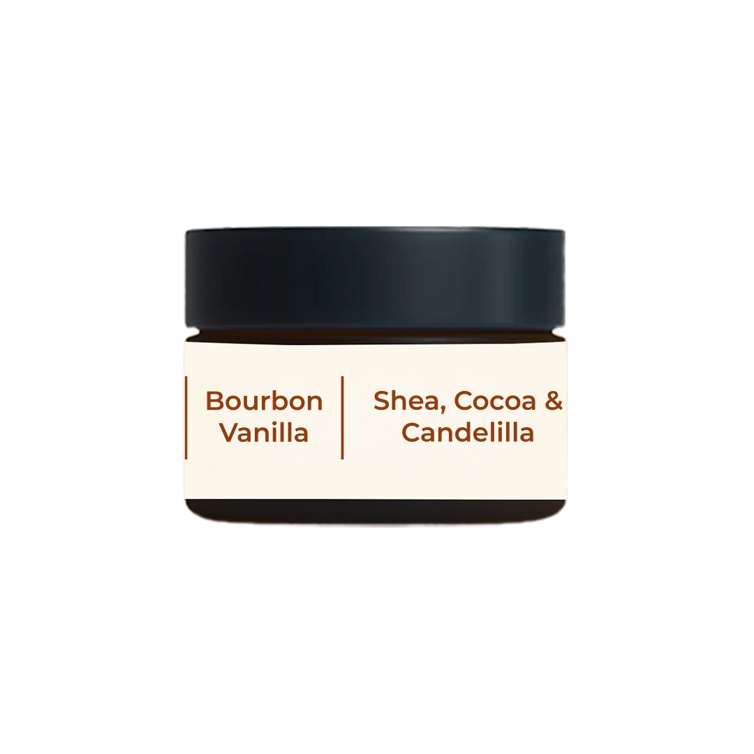 Peptide Lip Pop Bourbon Vanilla lip balm showing shea, cocoa and candelilla wax formulation.