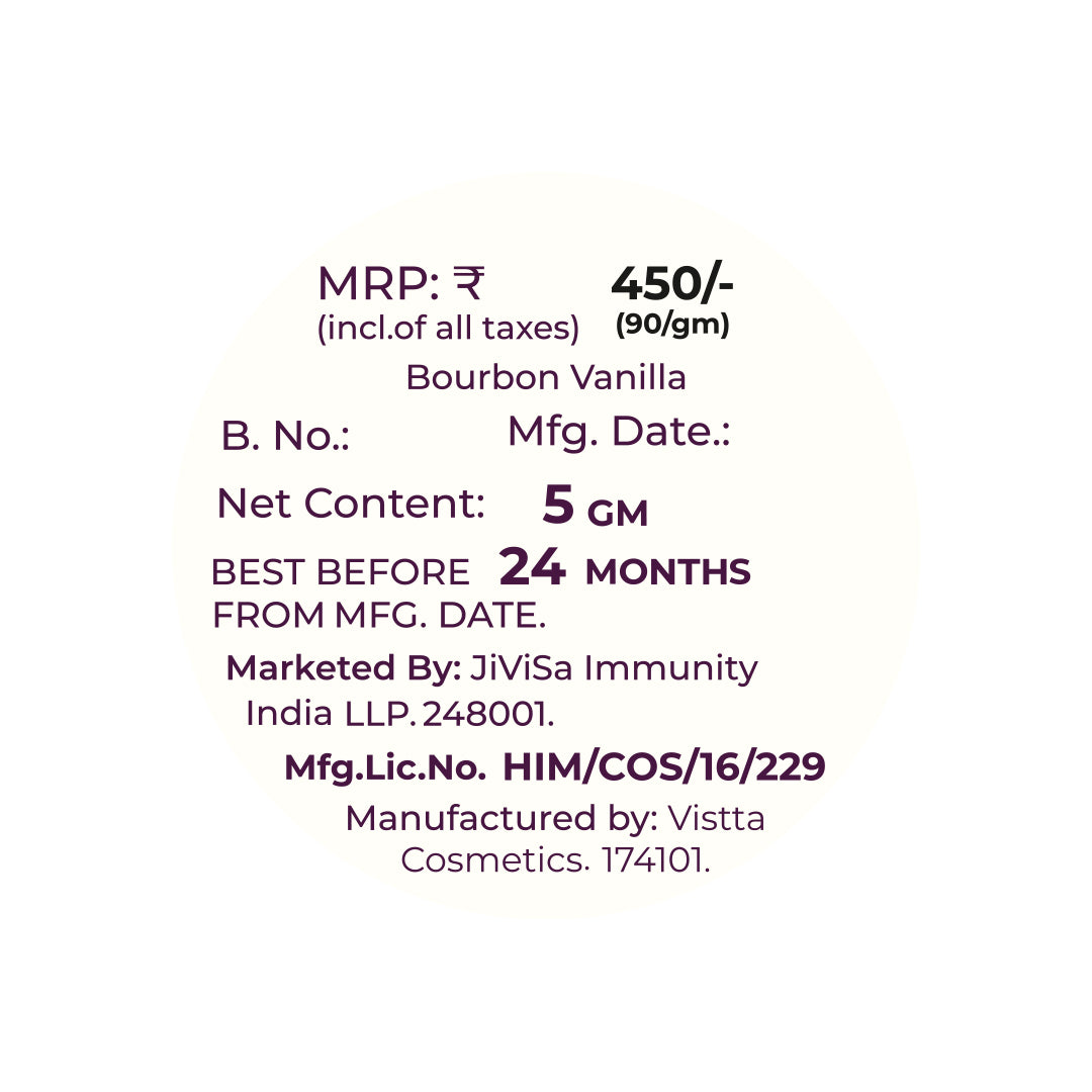 Image showing product details for JiViSa Peptide Lip Pop. MRP-₹450 (₹90/gm), 5GM net content. Contains Bourbon Vanilla. Best before 24 months from manufacturing date. Marketed by JiViSa Immunity India LLP 248001. Manufactured by Visita Cosmetics 174101. Manufacturing license number: HIM/COS/16/229."



