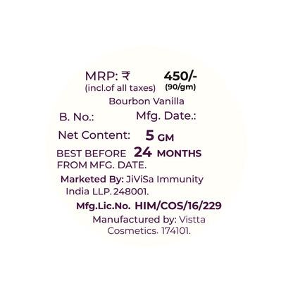 Image showing product details for JiViSa Peptide Lip Pop. MRP-₹450 (₹90/gm), 5GM net content. Contains Bourbon Vanilla. Best before 24 months from manufacturing date. Marketed by JiViSa Immunity India LLP 248001. Manufactured by Visita Cosmetics 174101. Manufacturing license number: HIM/COS/16/229.&quot;


