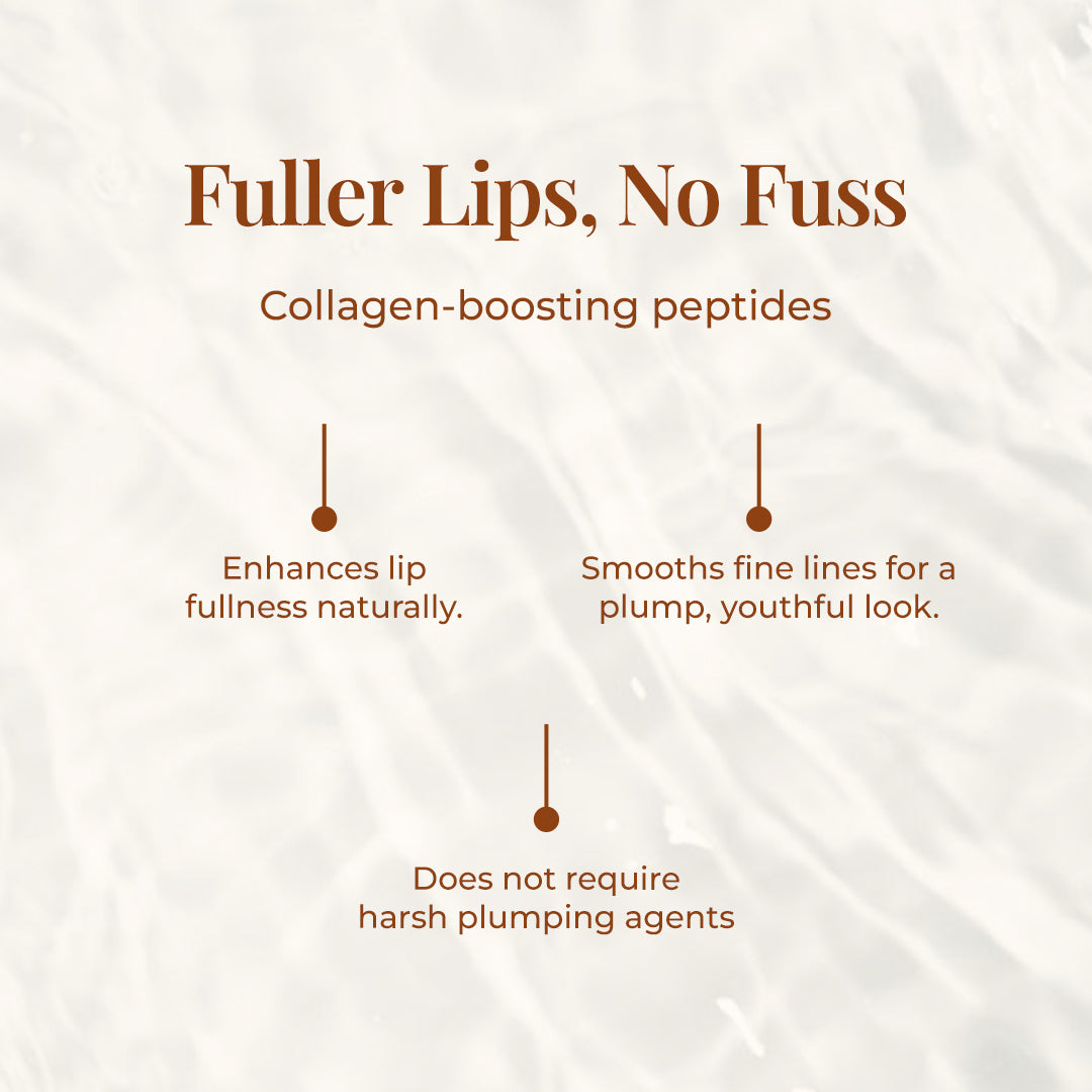 The tagline reads &quot;Fuller Lips, No Fuss accompanied by Collagen-boosting peptides below it. The text highlights the benefits of JiViSa Peptide Lip Pop including Enhances lip fullness naturally, Smooths fine lines for a plump, youthful look and Does not require harsh plumping agents.