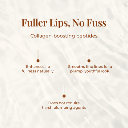 The tagline reads &quot;Fuller Lips, No Fuss accompanied by Collagen-boosting peptides below it. The text highlights the benefits of JiViSa Peptide Lip Pop including Enhances lip fullness naturally, Smooths fine lines for a plump, youthful look and Does not require harsh plumping agents.