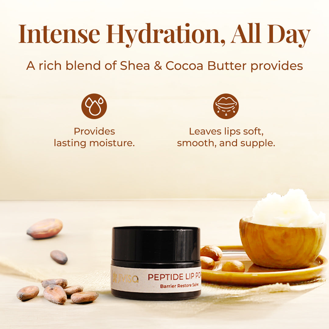 The image featuring JiViSa Peptide Lip Pop-barrier Restore Salve jar with shea nuts and a bowl of cocoa butter. The tagline read &quot;Intense Hydration, All Day&quot;. The text highlights A rich blend of Shea &amp; Cocoa Butter provides lasting moisture and leaves ip soft, smooth, and supple.